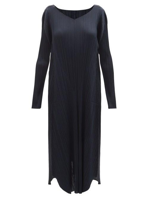 Pleats Please Issey Miyake - V-neckline Technical-pleated Dress - Womens - Dark Navy