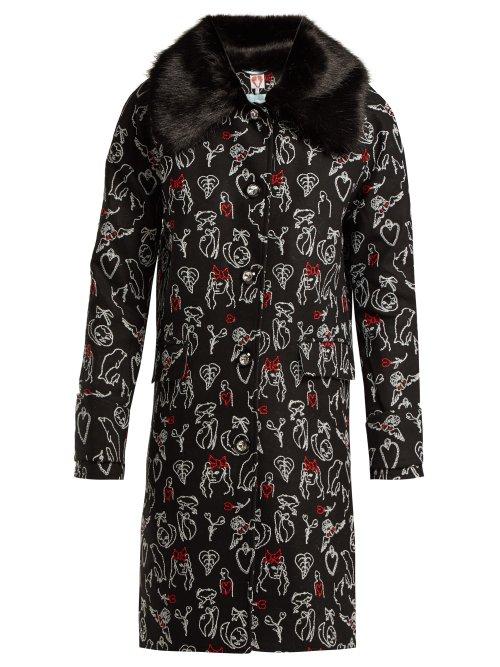 Matchesfashion.com Shrimps - Erin Embroidered Wool Blend Coat - Womens - Black Print
