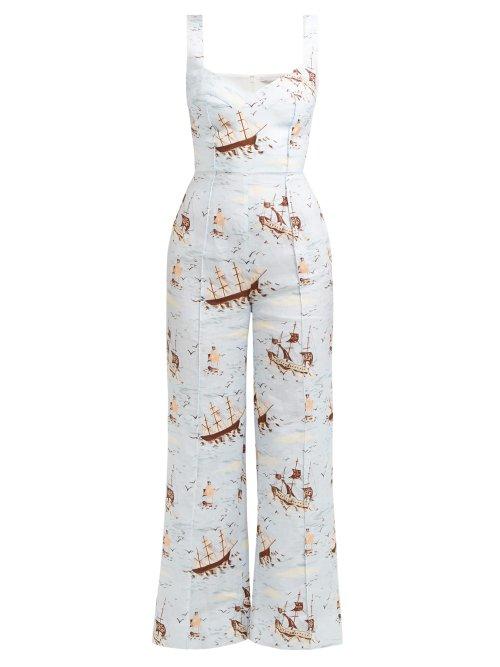 Matchesfashion.com Emilia Wickstead - Layla Ship Print Poplin Jumpsuit - Womens - Green Print
