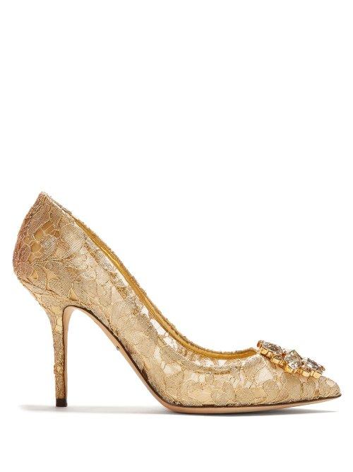 Matchesfashion.com Dolce & Gabbana - Bellucci Crystal Embellished Lace Pumps - Womens - Gold