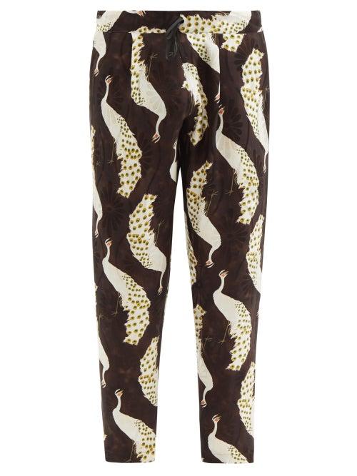 Mens Rtw Nipoaloha - Drawstring Peacock-print Silk Tapered-leg Trousers - Mens - Brown Multi