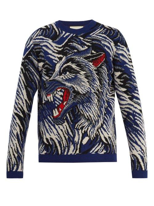 Matchesfashion.com Gucci - Wolf Intarsia Knit Wool Sweater - Mens - Blue Multi