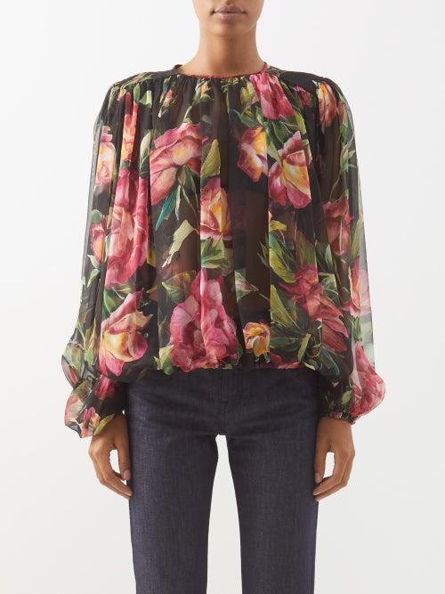 Dolce & Gabbana - Rose-print Silk-chiffon Blouse - Womens - Black Pink