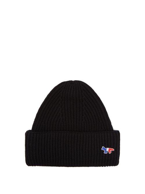 Matchesfashion.com Maison Kitsun - Logo Embellished Ribbed Knit Wool Beanie Hat - Mens - Black