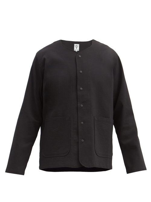Matchesfashion.com South2 West8 - Collarless Seersucker Shirt - Mens - Black