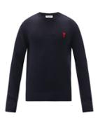 Matchesfashion.com Ami - Logo-embroidered Merino-wool Sweater - Mens - Navy