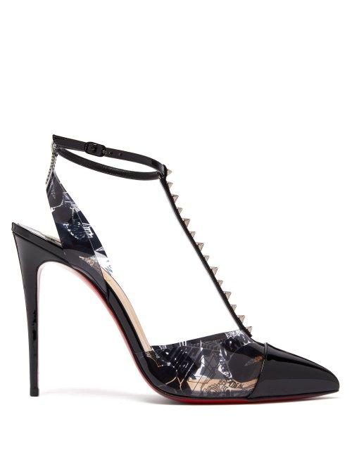 Matchesfashion.com Christian Louboutin - Nosy Spikes 100 Graffiti Print Leather Pumps - Womens - Black