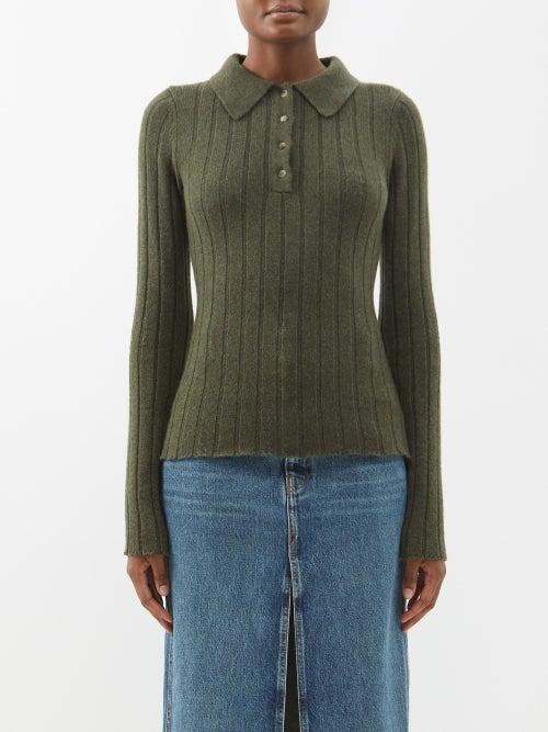 Khaite - Hans Ribbed-cashmere Polo Sweater - Womens - Khaki