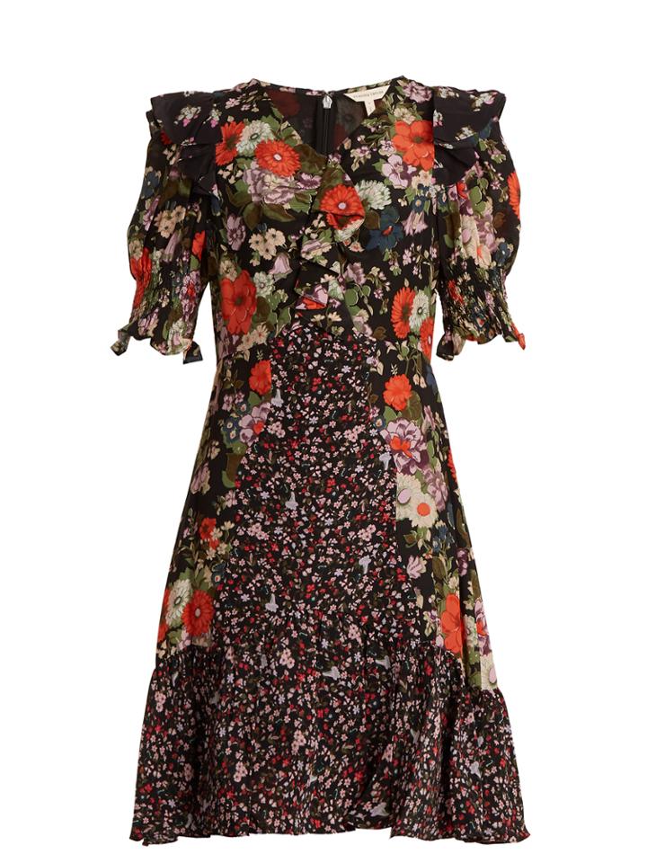 Rebecca Taylor Ruffle-trim Contrast Floral-print Silk Dress