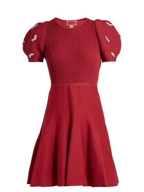 Matchesfashion.com Giambattista Valli - Embellished Ribbed Knit Cotton Dress - Womens - Burgundy