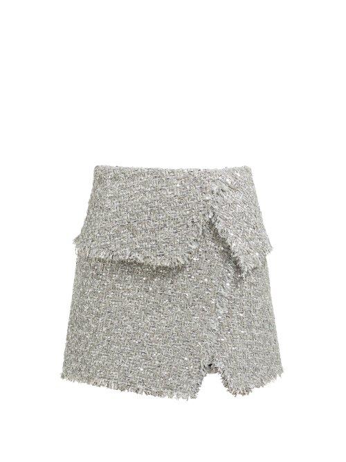 Matchesfashion.com Balmain - High Rise Tweed Wrap Skirt - Womens - Silver