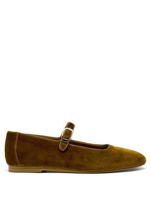 Le Monde Beryl - Mary Jane Velvet Ballet Flats - Womens - Dark Yellow