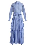 Matchesfashion.com Sara Battaglia - Ruffle Trimmed Striped Cotton Dress - Womens - Blue White