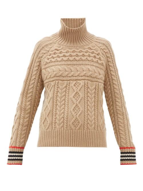 Matchesfashion.com Burberry - High-neck Cable-knit Cashmere Sweater - Womens - Camel