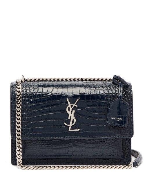 Matchesfashion.com Saint Laurent - Sunset Crocodile Effect Leather Cross Body Bag - Womens - Navy