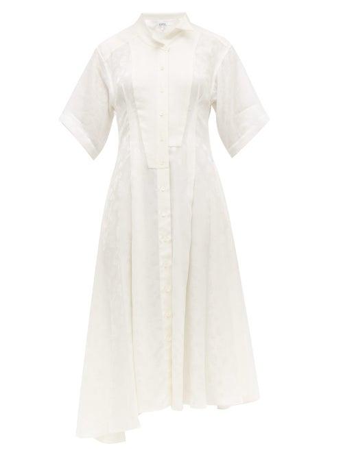 Matchesfashion.com Loewe - Feather Jacquard Asymmetric Satin Midi Dress - Womens - White