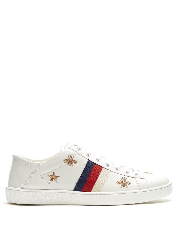 Gucci New Ace Embroidered Low-top Leather Trainers