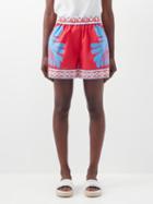 La Doublej - Place-print Elasticated Cotton-poplin Shorts - Womens - Blue Red