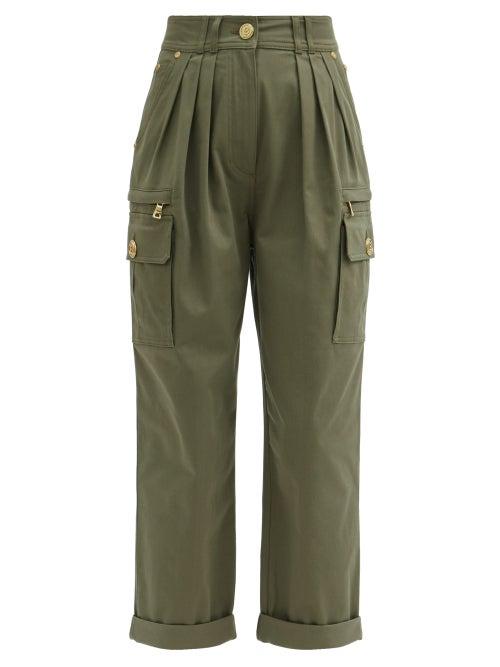 Matchesfashion.com Balmain - Pleated High-rise Cotton-blend Cargo Trousers - Womens - Khaki