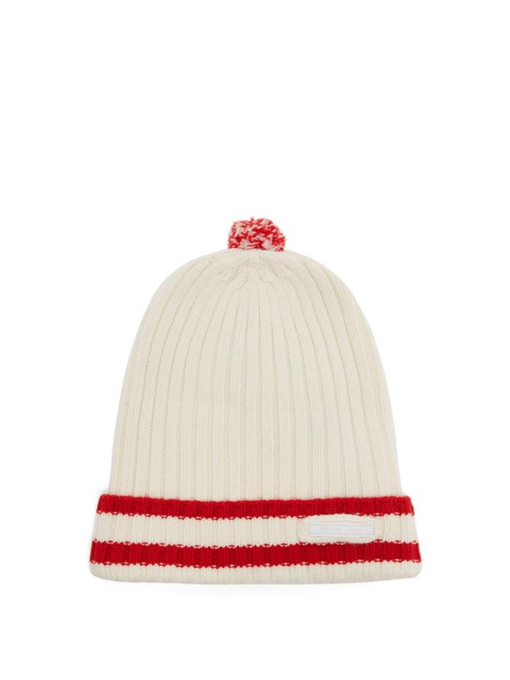 Prada Ribbed-knit Striped Wool-blend Pom-pom Hat