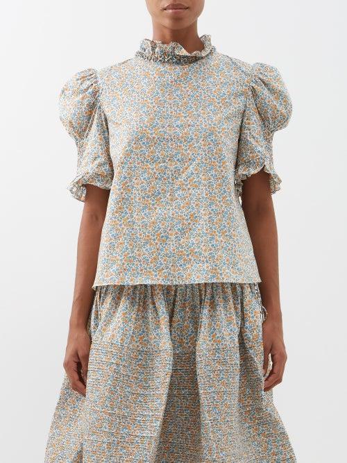 Horror Vacui - Julietta Floral-print Cotton-poplin Blouse - Womens - Blue Yellow
