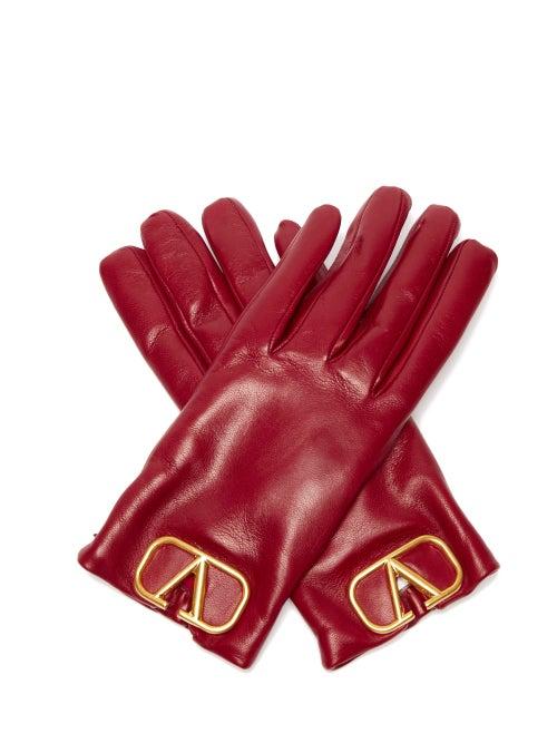 Matchesfashion.com Valentino - V Logo Plaque Leather Gloves - Womens - Burgundy