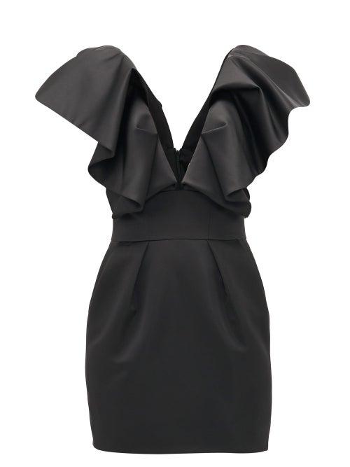 Matchesfashion.com Alexandre Vauthier - Ruffled Plunge-neck Satin Mini Dress - Womens - Black