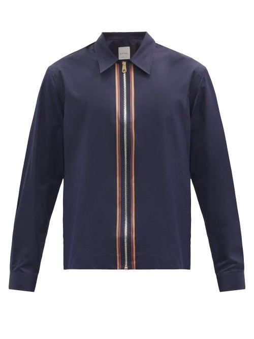 Matchesfashion.com Paul Smith - Artist-stripe Zipped Cotton-poplin Shirt - Mens - Navy