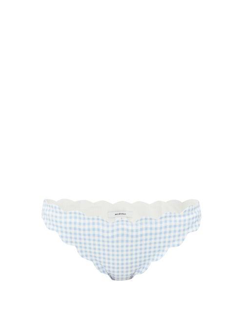 Matchesfashion.com Marysia - Antibes Scalloped Gingham Seersucker Bikini Briefs - Womens - Light Blue