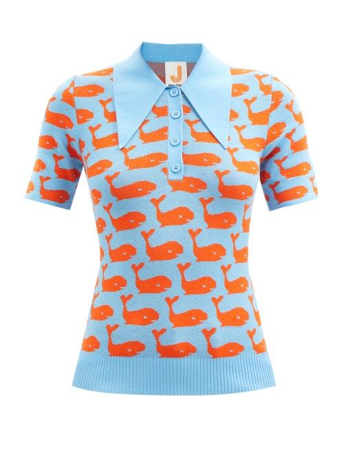 Joostricot - Whale-intarsia Knit Polo Top - Womens - Blue Multi