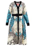 Matchesfashion.com F.r.s - For Restless Sleepers - Clizio Peacock-print Silk-twill Midi Dress - Womens - Blue White
