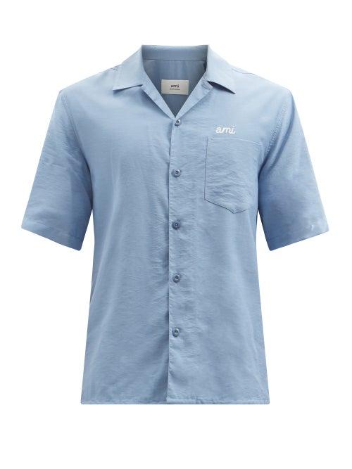 Mens Rtw Ami - Logo-embroidered Short-sleeved Poplin Shirt - Mens - Light Blue