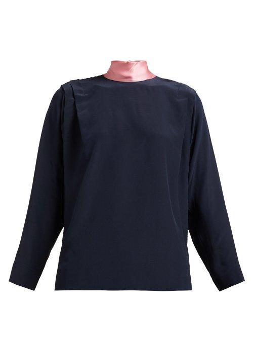 Matchesfashion.com Roksanda - Aulna Contrast Panel Tie Neck Silk Blouse - Womens - Navy