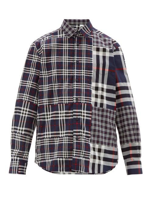 Matchesfashion.com Burberry - Patchwork Check Cotton Shirt - Mens - Navy