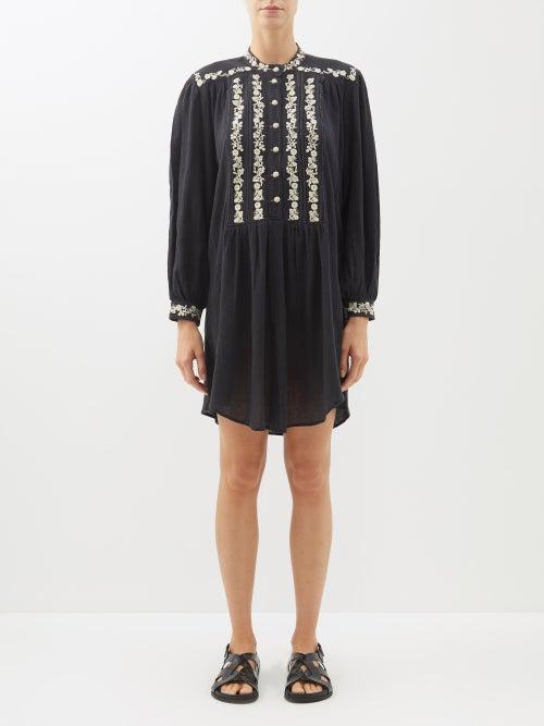 Isabel Marant Toile - Gena Embroidered Crinkled-cotton Mini Dress - Womens - Black