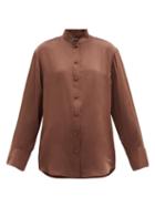 Matchesfashion.com Balmain - Oversized Logo-plaque Silk-satin Blouse - Womens - Brown