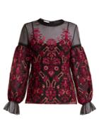 Oscar De La Renta Cross-stitch Embroidered Silk-organza Top