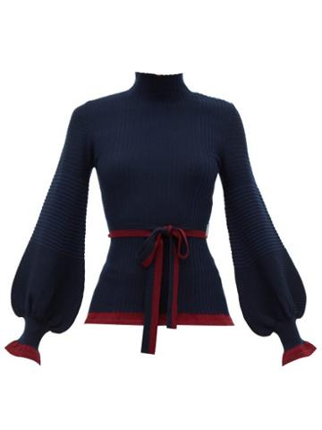 Matchesfashion.com Roksanda - Auric Belted Bell Sleeve Rib Knitted Wool Sweater - Womens - Navy Multi