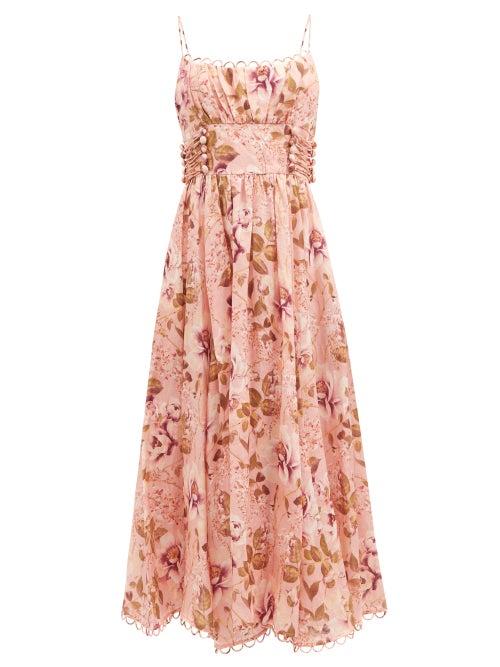 Zimmermann - Rosa Lace-up Floral-print Poplin Midi Dress - Womens - Pink Print