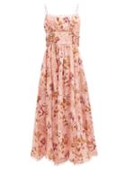 Zimmermann - Rosa Lace-up Floral-print Poplin Midi Dress - Womens - Pink Print