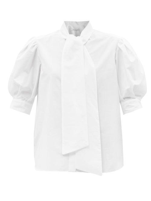 Another Tomorrow - Pussy-bow Organic Cotton-poplin Blouse - Womens - White