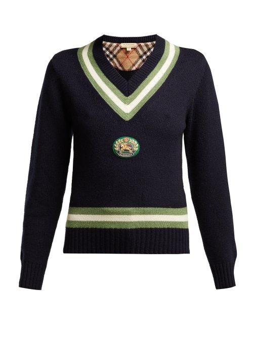 Matchesfashion.com Burberry - Morice Knight Appliqu Wool Blend Sweater - Womens - Navy Multi