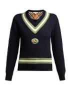 Matchesfashion.com Burberry - Morice Knight Appliqu Wool Blend Sweater - Womens - Navy Multi