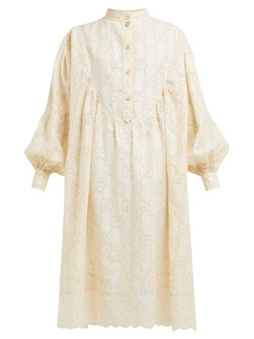 Matchesfashion.com Gucci - Gg Broderie Anglaise Linen Blend Dress - Womens - Ivory Multi