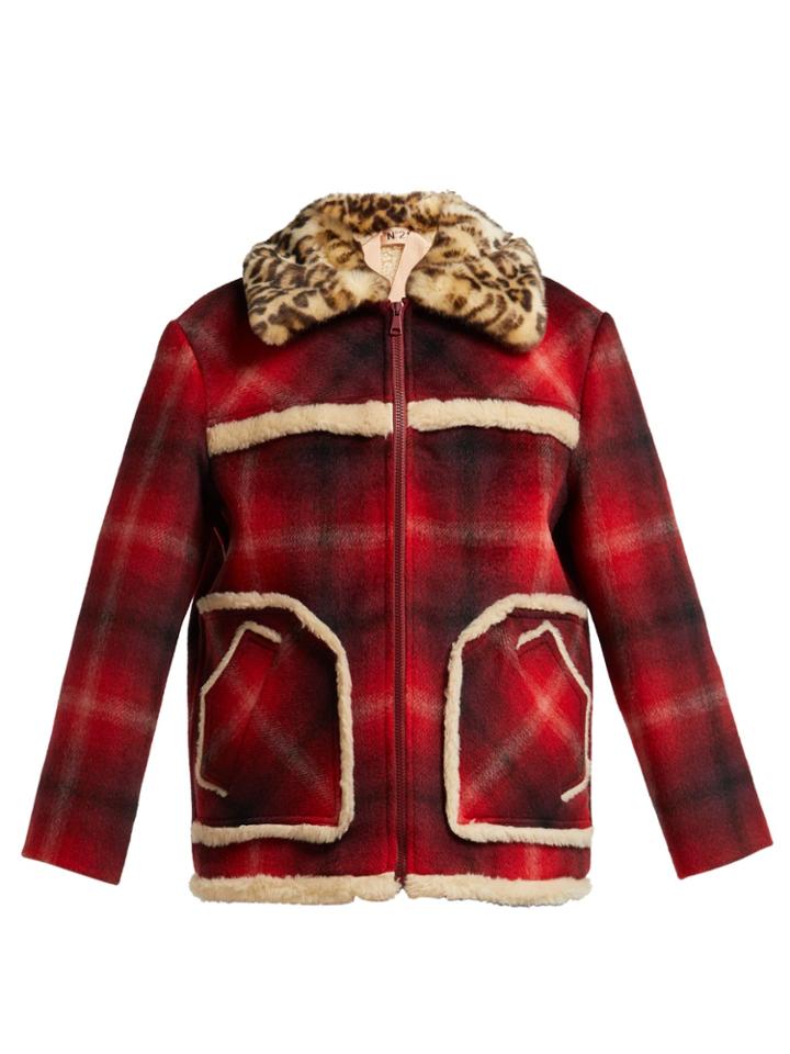 No. 21 Leopard-print Collar Tartan Jacket