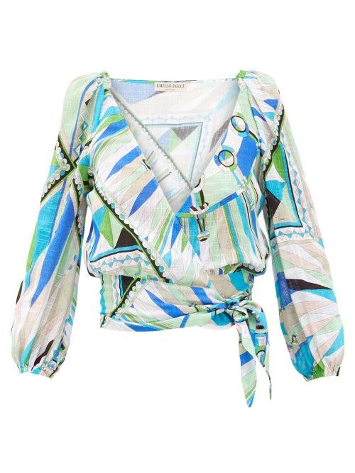 Matchesfashion.com Emilio Pucci - Bes-print Wrap-front Cotton-canvas Cropped Top - Womens - Green Print