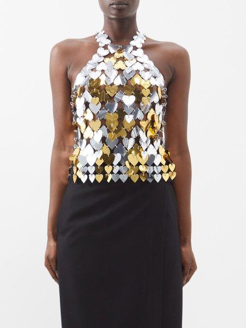 Paco Rabanne - Heart Chainmail Halterneck Top - Womens - Silver Gold