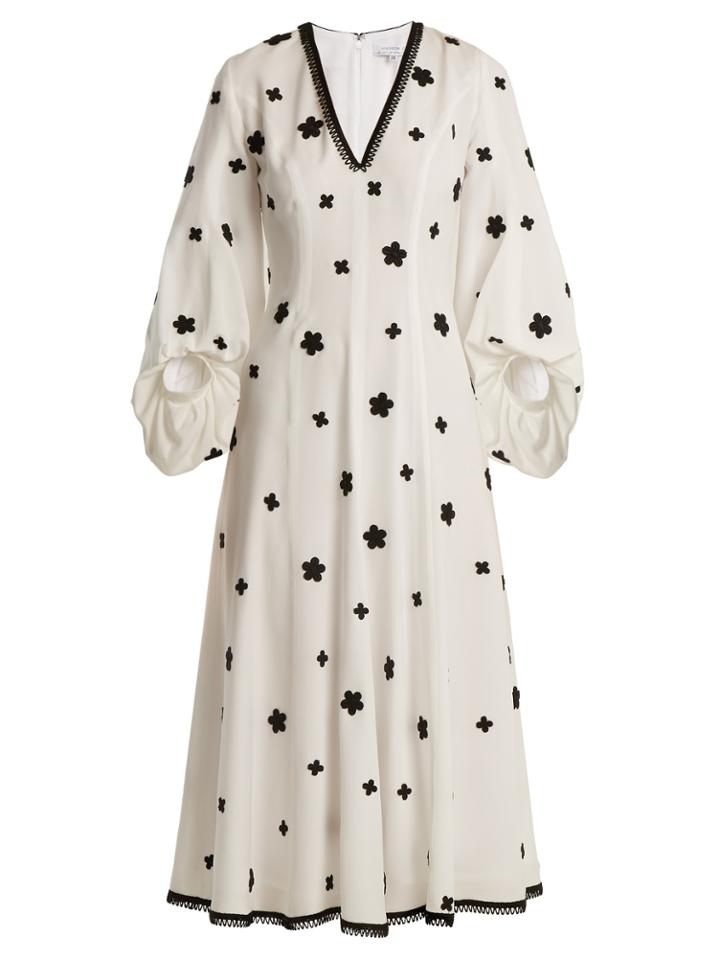 Andrew Gn Floral-embroidered Puff-sleeved Silk Midi Dress