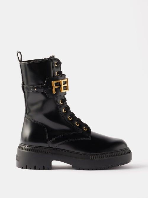 Fendi - Logo-embellished Leather Biker Boots - Womens - Black Gold