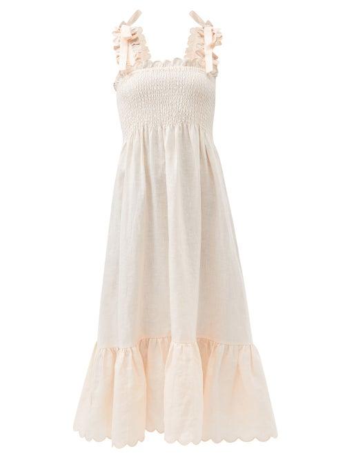 Ephemera - Shirred Tie-shoulder Linen Midi Dress - Womens - Blush